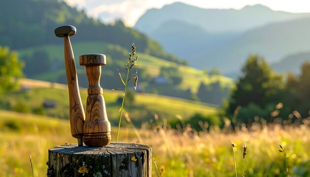 Wooden hookah on tree stump countryside.