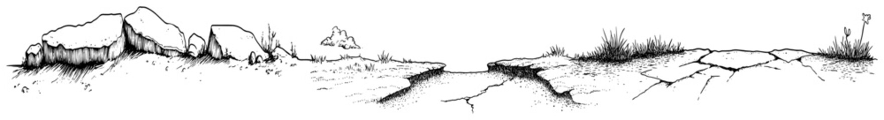 Rocky terrain with cracked ground and scattered boulders in hand drawn sketch style © Kaz