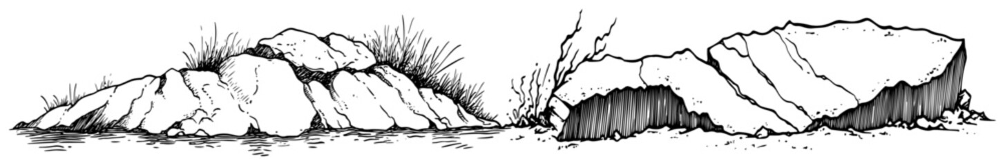 Large rocks and boulders on the ground with grass in hand drawn sketch style © Kaz