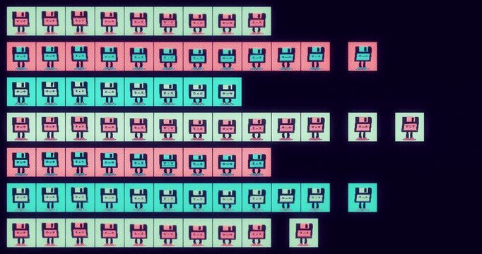 Retro 8-bit floppy disk pattern animation on grid background, colorful seamless loop of pixel art save icon characters, vaporwave and y2k style motion graphic background