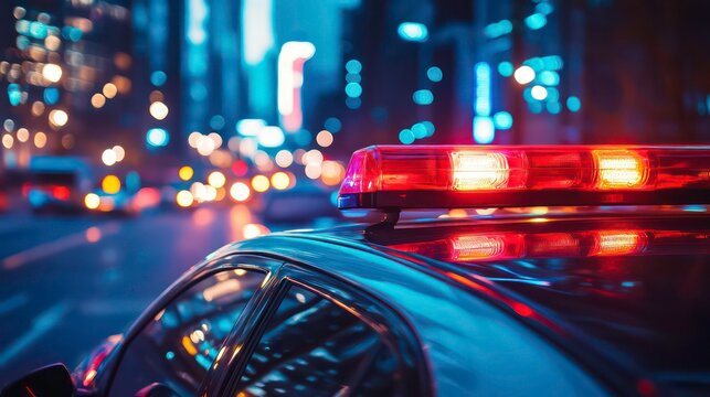 Blue and red light flasher atop of a police car. City lights on the background