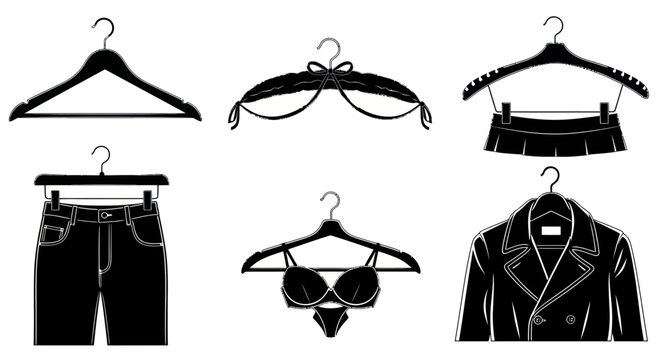 Wardrobe essentials: clothing on hangers - jacket, jeans, skirt, lingerie