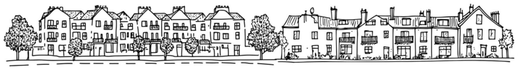Naklejka premium European townhouses and terraced homes along street in hand drawn sketch style