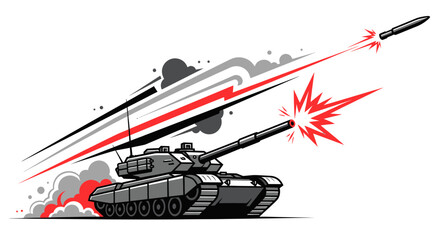 Modern Tank Firing Missile with Explosions and Smoke - Military Action Illustration © Ardhyapananisedu