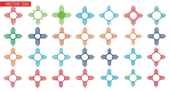 New Mexico Zia Symbol Collection, Colorful Sun Designs, Vector Graphics