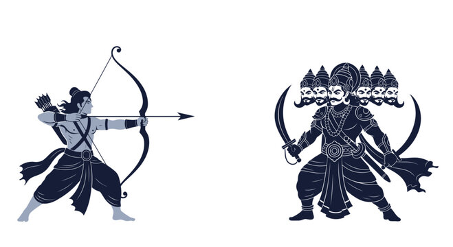 Ram vs Ravana: Divine Battle Illustration, Hindu Mythology, Epic War Scene, Archery vs Swords