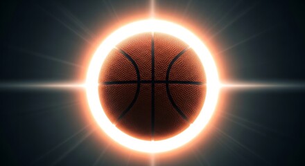 Fototapeta premium Orange basketball with black lines glowing in a bright white circle on a dark background