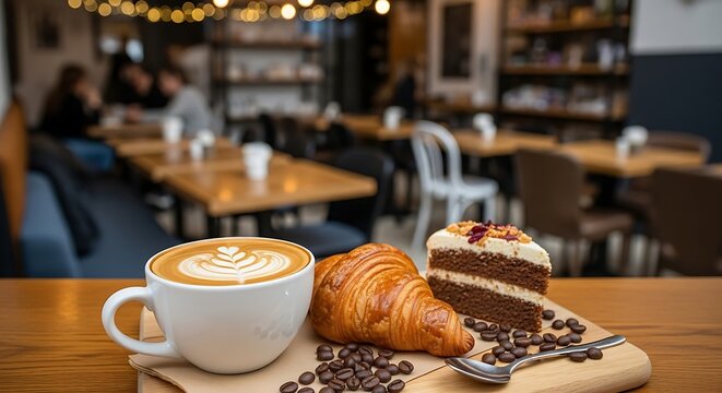 Cozy caf&eacute; setup with latte art coffee and fresh pastries on a wooden table.