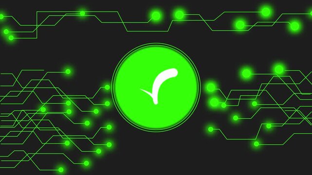 Green check mark icon on circuit board background. Green check mark for successful system verification status. Green check mark animation for tech.