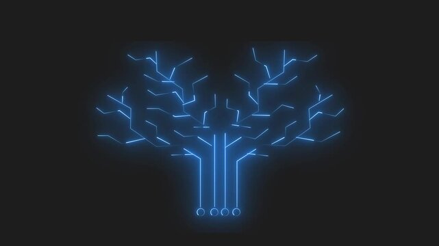 Neon blue circuit tree technology background animation. Neon blue circuit for digital data growth. Neon blue circuit animation for computer network.