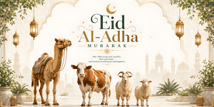 Eid Al-Adha Mubarak Landscape Banner with Camel, Cow, Goat, and Sheep, Elegant Typography with Hanging Lanterns, Islamic Festival Social Media Post Vector Template
