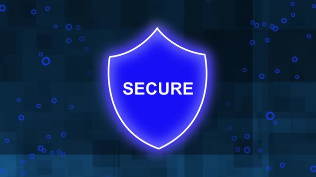 Glowing secure shield on digital cybersecurity background. Glowing secure shield for internet privacy protection. Glowing secure shield animation for safety.