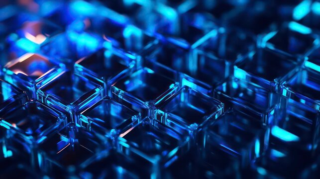 3D illustration blue transparent cubes. Parallelogram pattern. Technology geometry neon background