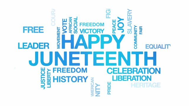 Happy juneteenth concept Animated Tag Word Cloud kinetic typography, Text Design Animation typography seamless loop video motion graphics Intro Wordart arrangement blue type on white background bg 