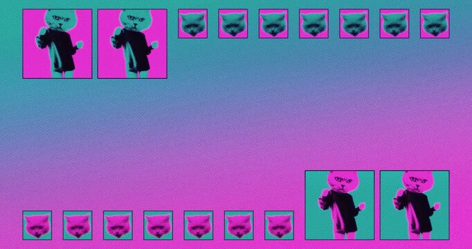 Pop art cat person pattern animation with copy space frame, colorful seamless loop of retro neon kitten head characters, vaporwave and funny meme style motion graphic background