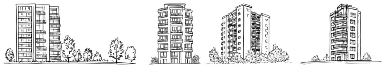 Tall residential towers and apartment buildings in vintage hand drawn style © Kaz