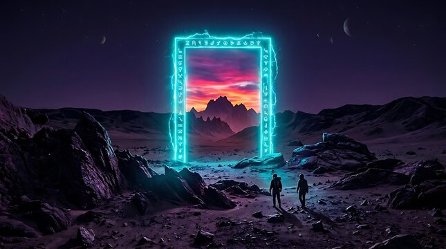 Two explorers standing before a glowing mystical portal on a desolate alien planet landscape