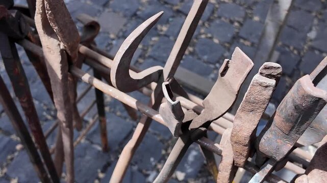Outdoor blacksmithing, master class. Hand forging tools, set of various tongs are on a special stand