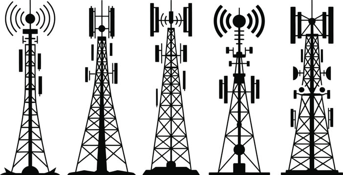 telecommunication radio antenna and cell phone tower silhouettes vector