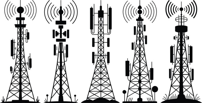 telecommunication radio antenna and cell phone tower silhouettes vector