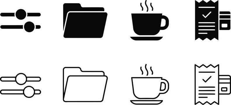 Essential user interface symbols representing file management settings coffee breaks and secure payment processing options