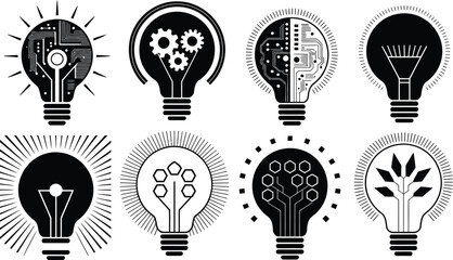 Fototapeta premium Technology Lightbulb Icon Set, Innovation, Circuit and AI Idea Vector