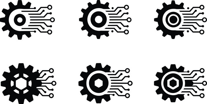 Digital technology gear and circuit board icon set. Automation and engineering vector symbols