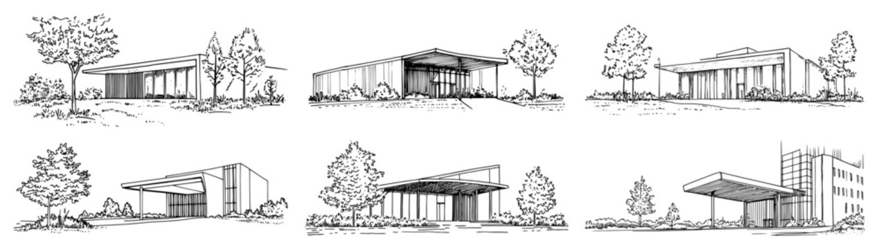 Contemporary commercial buildings and luxury pavilions with trees in hand drawn sketch style