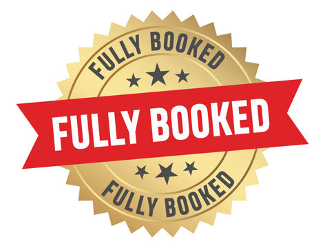fully booked label golden burst badge with red ribbon isolated on white background