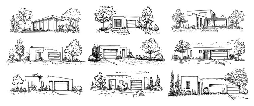 Modern house designs and minimalist villas with garages in detailed sketch style