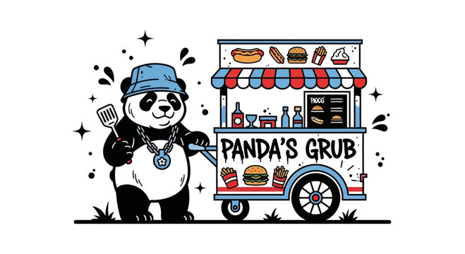 Panda wearing hat standing next to food truck.