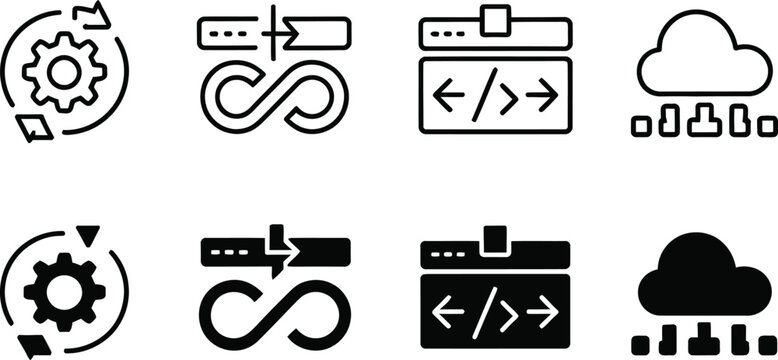 Set of software development and cloud computing line and solid icons