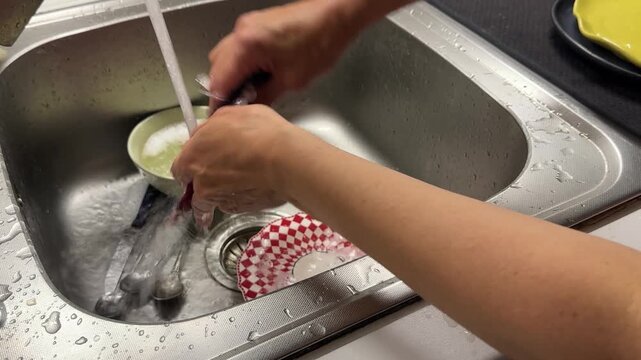 Dishwashing, female hands washing dirty dishes in kitchen sink under running water, authentic household chore video, home routine, everyday life, cleaning and hygiene concept.