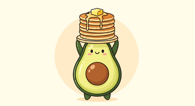 Cute cartoon avocado with pancakes on head.