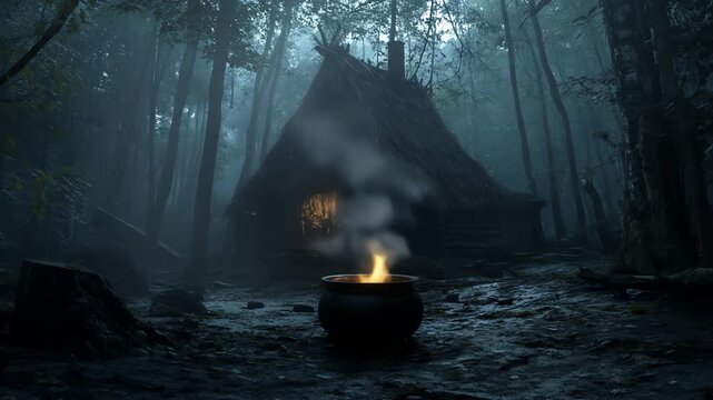 Smoke rises from cauldron in dark forest with a wooden cabin at background