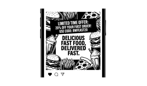 Fast food delivery promotion social media post template with hand drawn burger pizza fries illustrations