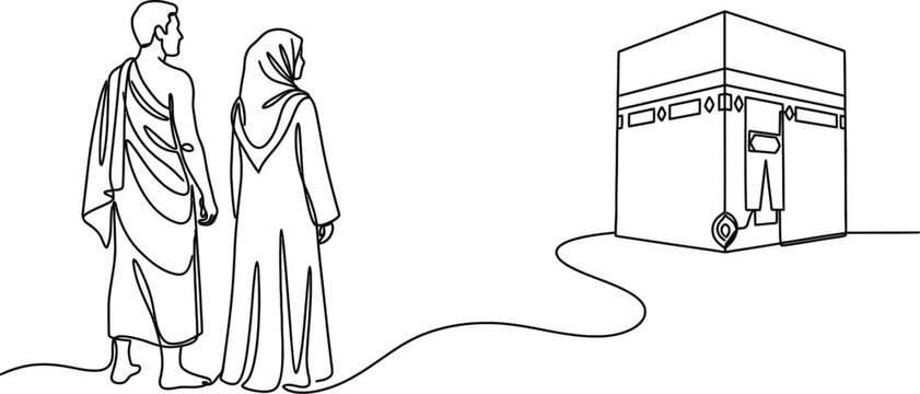Continuous line art of a Muslim couple performing Hajj pilgrimage at the Kaaba.