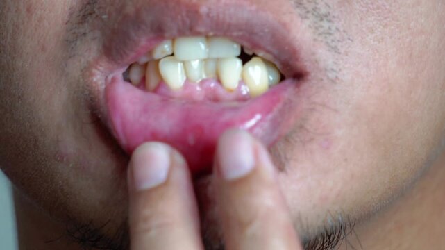 An Asian man is suffering from a canker sore. Examining the condition of his canker sore lip.