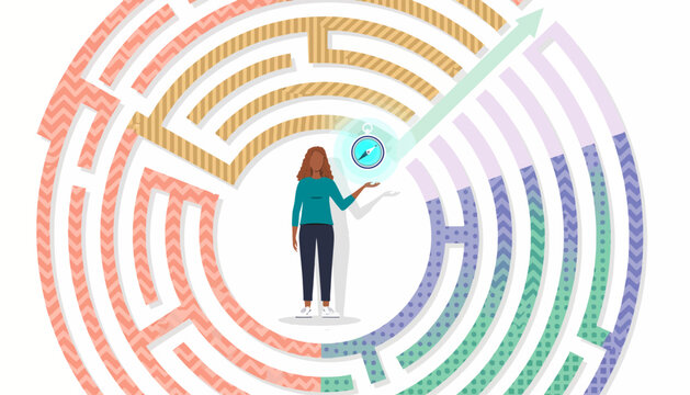 Person Navigator in Circular Maze with Compass in Hand