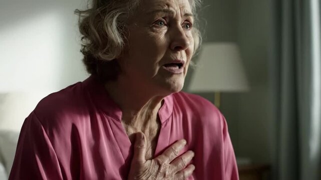 Elderly Woman Suffering from Severe Chest Pain and Heart Attack Symptoms while Sitting Alone at Home