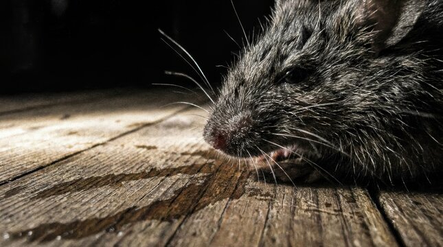 Cinematic macro shot of a wild deer mouse in a dark unhygienic environment with glowing airborne dust particles, hantavirus zoonotic disease transmission and pest infestation concept