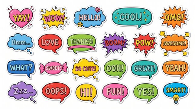 A vibrant collection of cartoon speech and thought bubbles with various exclamations and expressions on a white background.