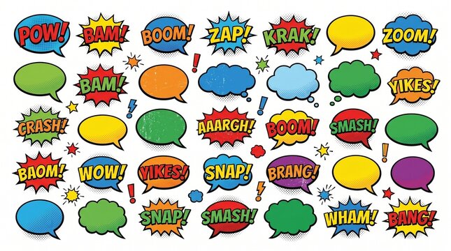 An assortment of colorful comic book style speech bubbles and explosive sound effect exclamations, including POW, BAM, and ZAP, on a white background.