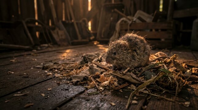 Cinematic macro shot of a wild deer mouse in a dark unhygienic environment with glowing airborne dust particles, hantavirus zoonotic disease transmission and pest infestation concept