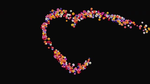 Colorful flowers forming a heart shape and transforming into the word LOVE on transaprent background with alpha channel, romantic floral animation