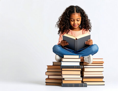 Ni&ntilde;a sentado sobre una pila de libros leyendo un libro con fondo blanco, concepto de educaci&oacute;n, aprendizaje infantil, lectura, conocimiento, desarrollo intelectual y el placer de leer