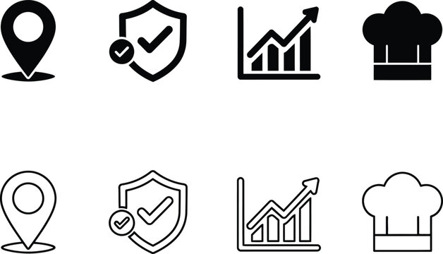 Set of black and outline navigation map markers shield security growth charts and professional chef hats