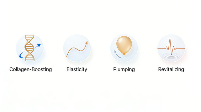 Display icons that promote collagen generation, increase elasticity, and rejuvenate the skin, representing the core efficacy of anti-aging and firming skincare products in improving skin aging.
