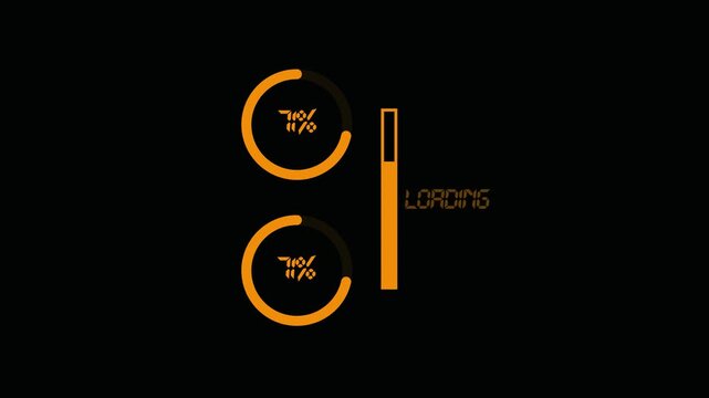 Loading screen with two progress circles and loading bar on black background.loading screen animation with circular progress indicator black background. .