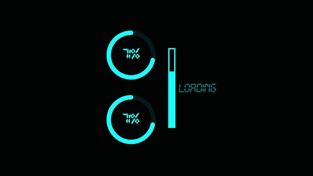Loading screen with two progress circles and loading bar on black background.loading screen animation with circular progress indicator black background. .